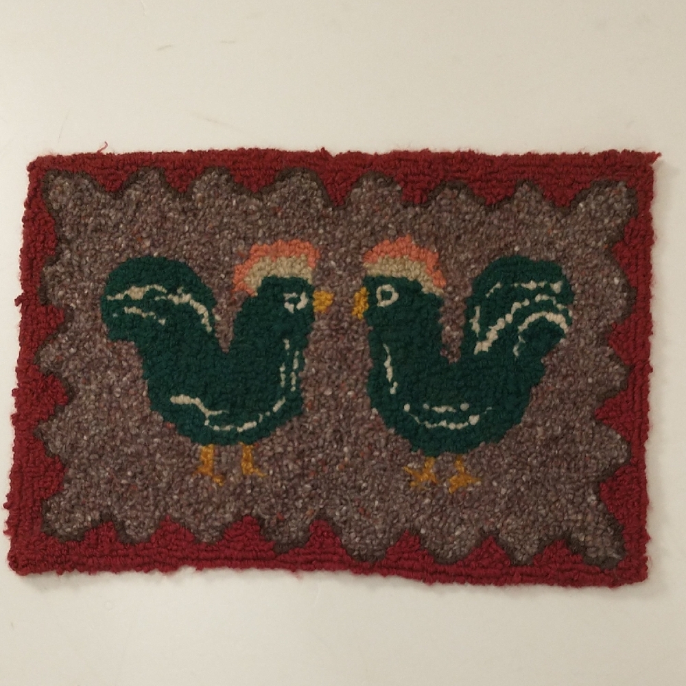 Vintage Hand Hooked Rug Two Chickens Roosters Wool Mat Petite 9"x13" Charming